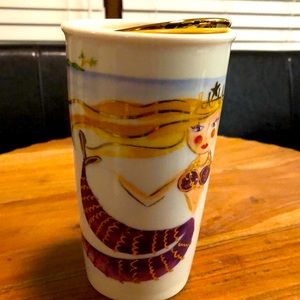 Starbucks Ceramic Tumbler, Mermaid 🧜‍♀️ with gold top.  Double wall.